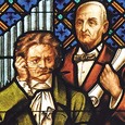 Detail eines Gemäldefensters im Mariendom: Anton Bruckner (rechts) mit Ludwig van Beethoven.